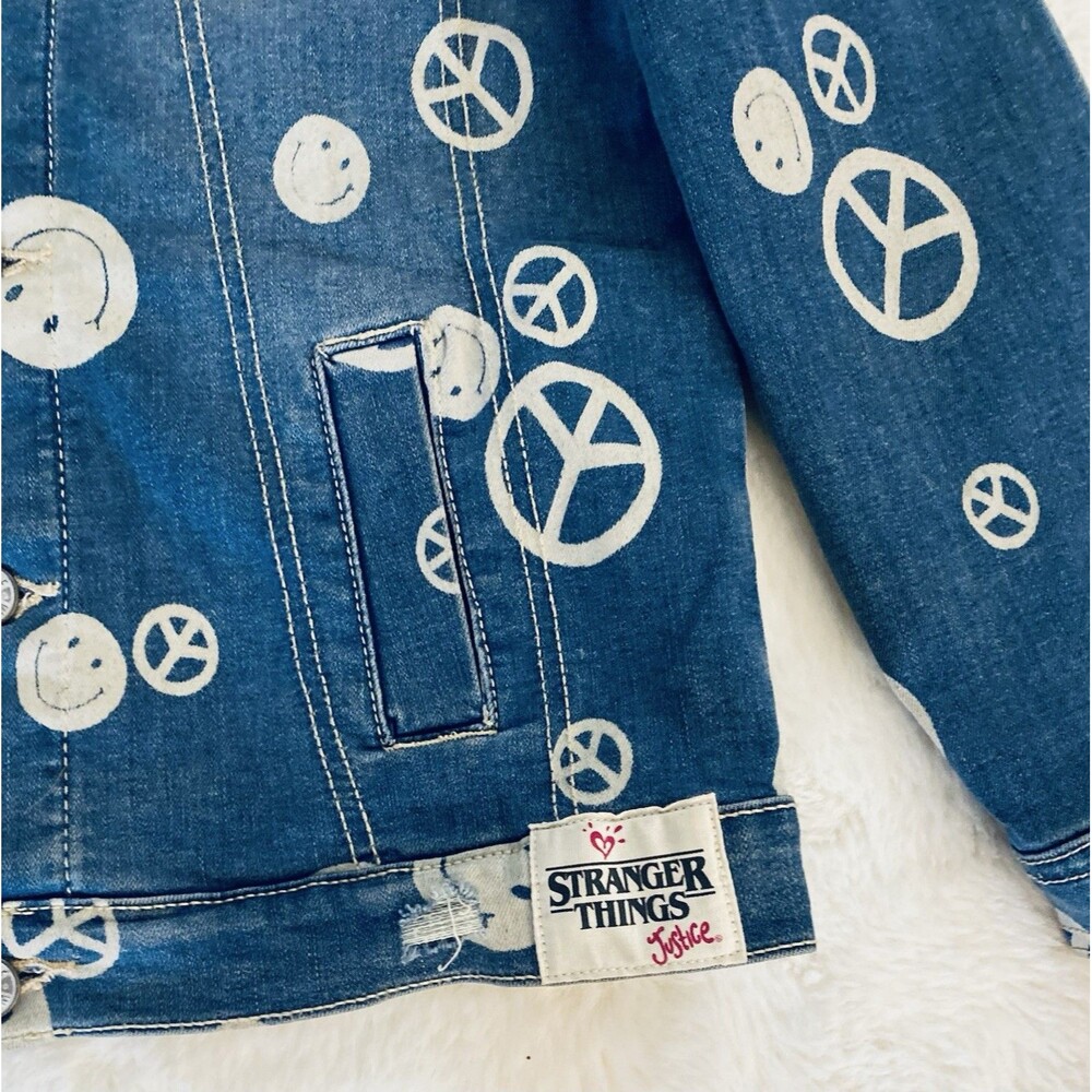 Stranger Things X Justice GIRLS M 10 Discharged Denim Jean Jacket Peace Smiley